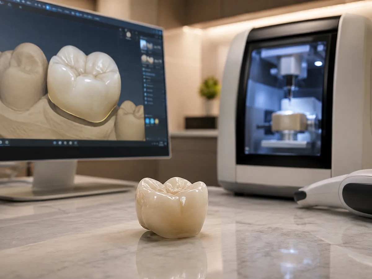 CEREC crown, digital design monitor, and milling machine illustrating same-day crown treatment