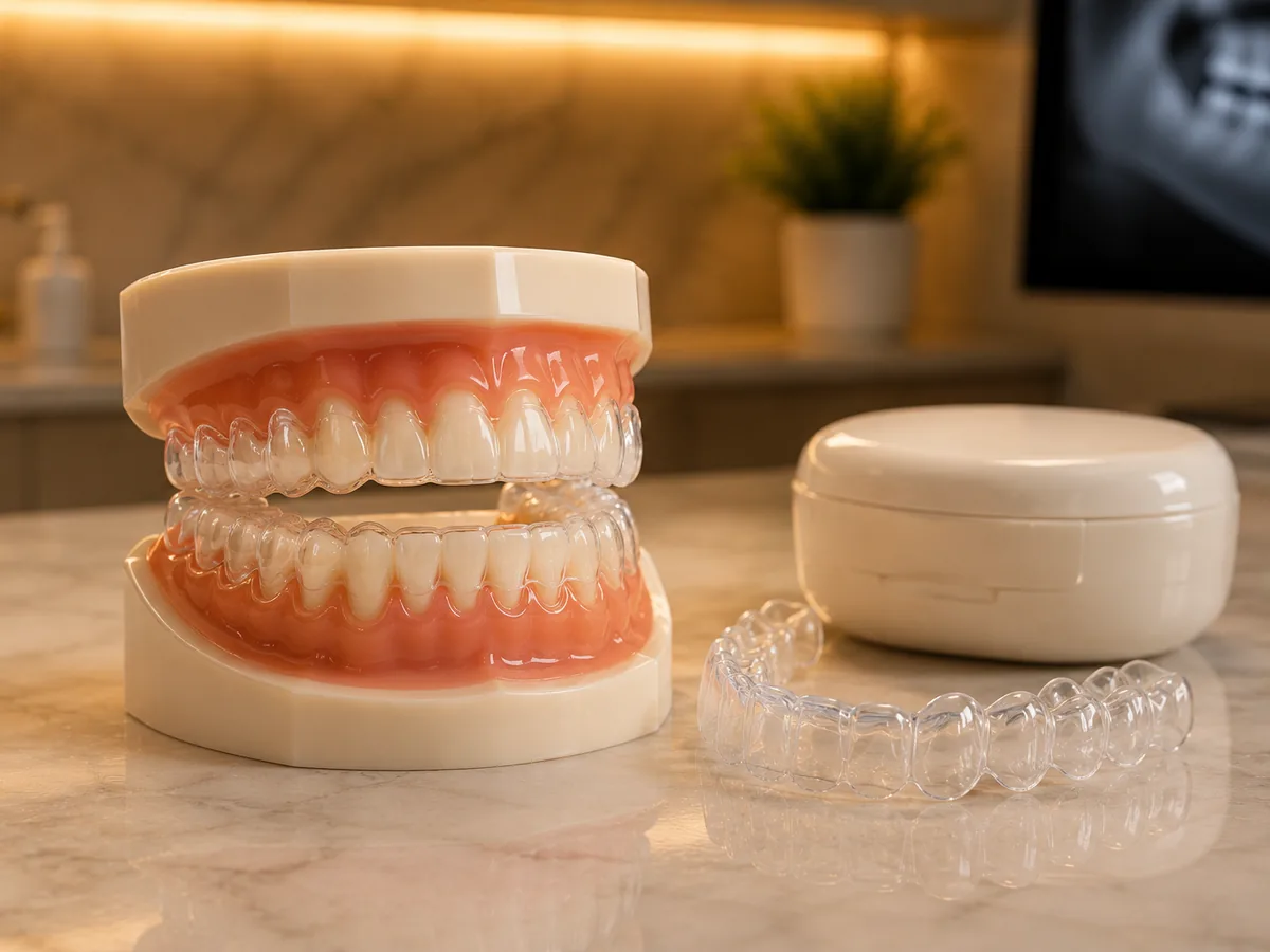 Clear aligners on a dental model with storage case illustrating smile alignment treatment
