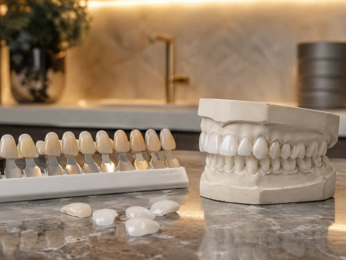 Dental model with veneer shade guide illustrating cosmetic dentistry and personalized smile design