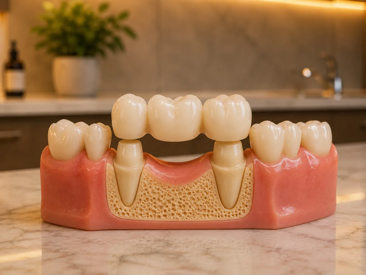 Three-unit dental bridge supported by two prepared teeth on a gum and bone model
