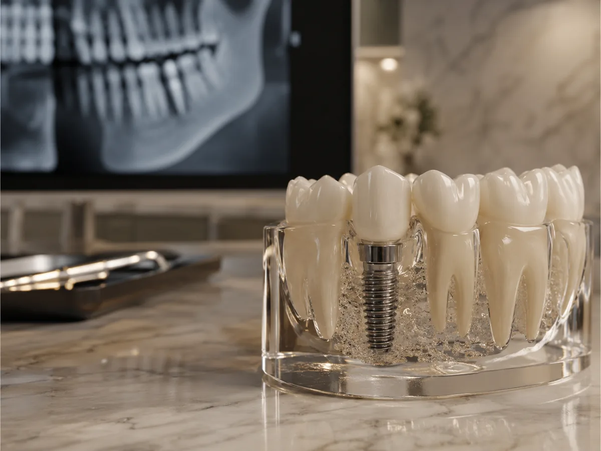 Dental implant model with implant-supported crown illustrating permanent tooth replacement