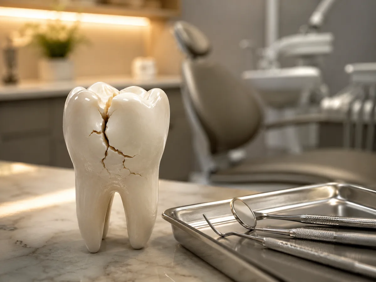 Cracked tooth model and dental instruments illustrating emergency dentistry
