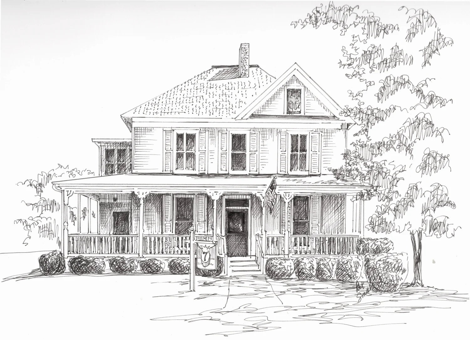 Pencil sketch of the historic Old Town Family Dentistry building in Gaithersburg
