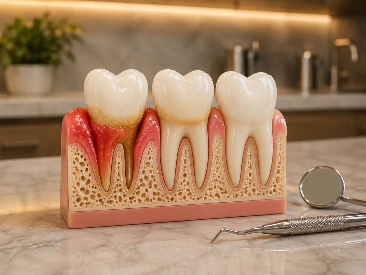 Dental model comparing inflamed gum disease with healthy gum tissue for periodontal care