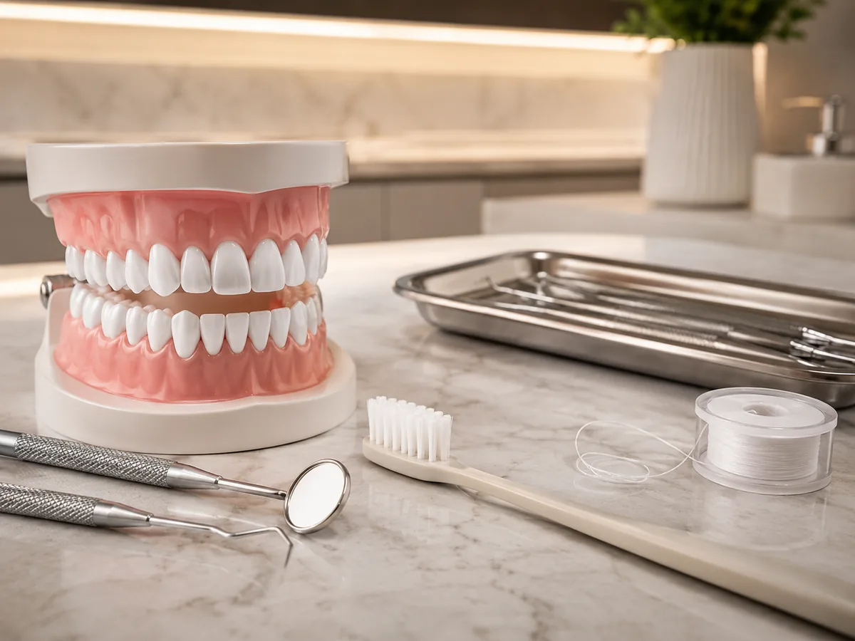 Dental model, toothbrush, floss, mirror, and instruments illustrating preventive dental care and professional cleanings