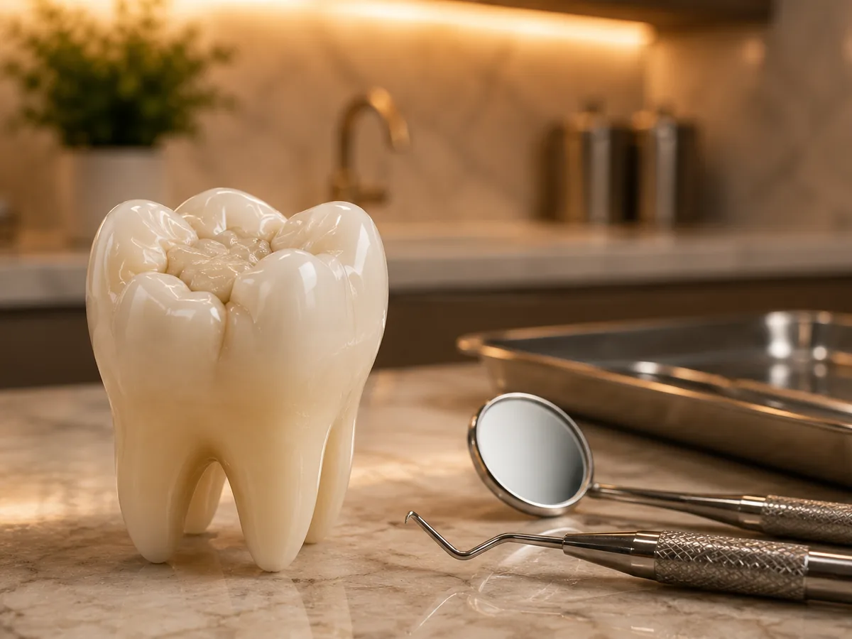 Tooth-colored restoration in a molar with dental instruments illustrating restorative dentistry