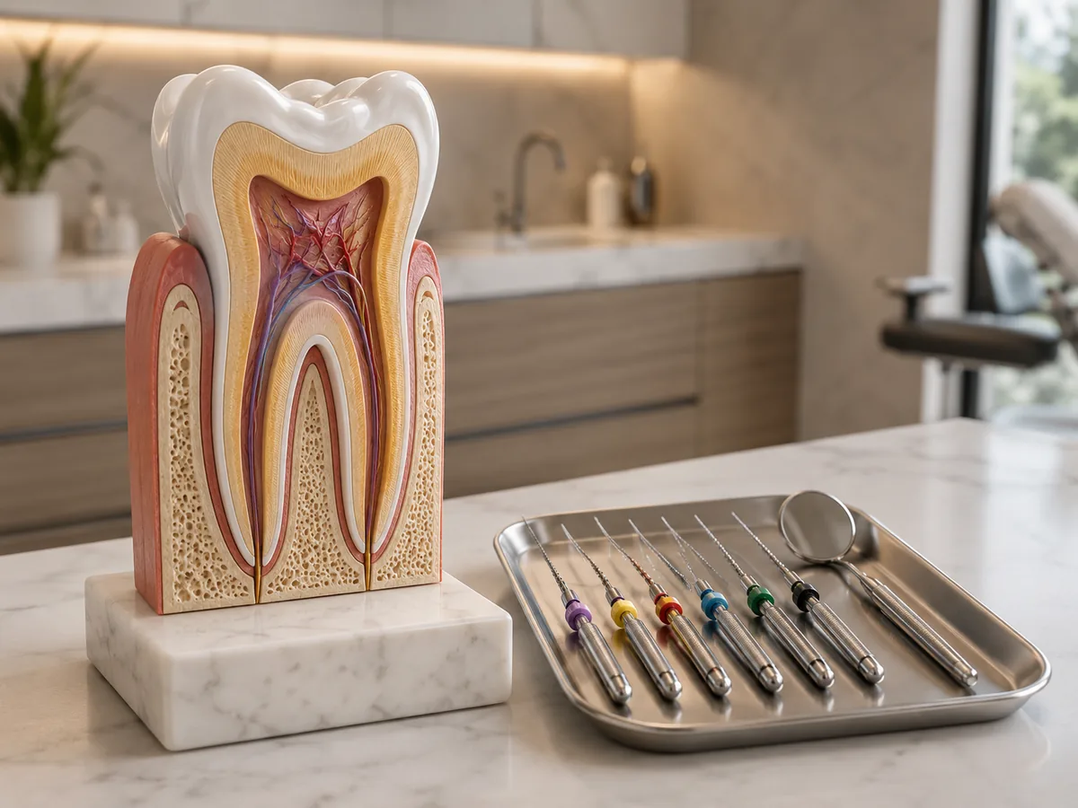 Cross-section tooth model with endodontic instruments illustrating root canal therapy